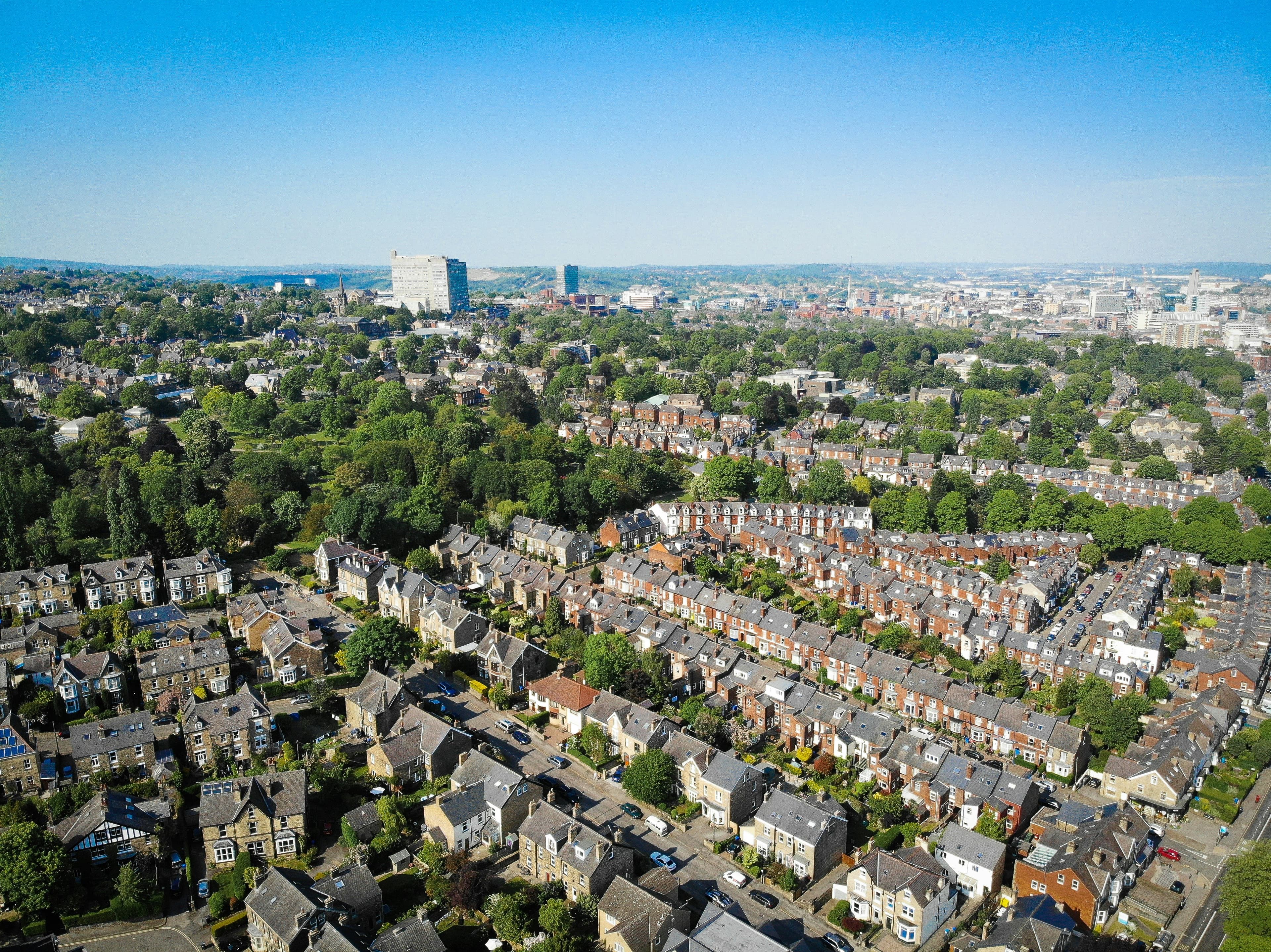 Aerial view of an English residential area with rows of houses