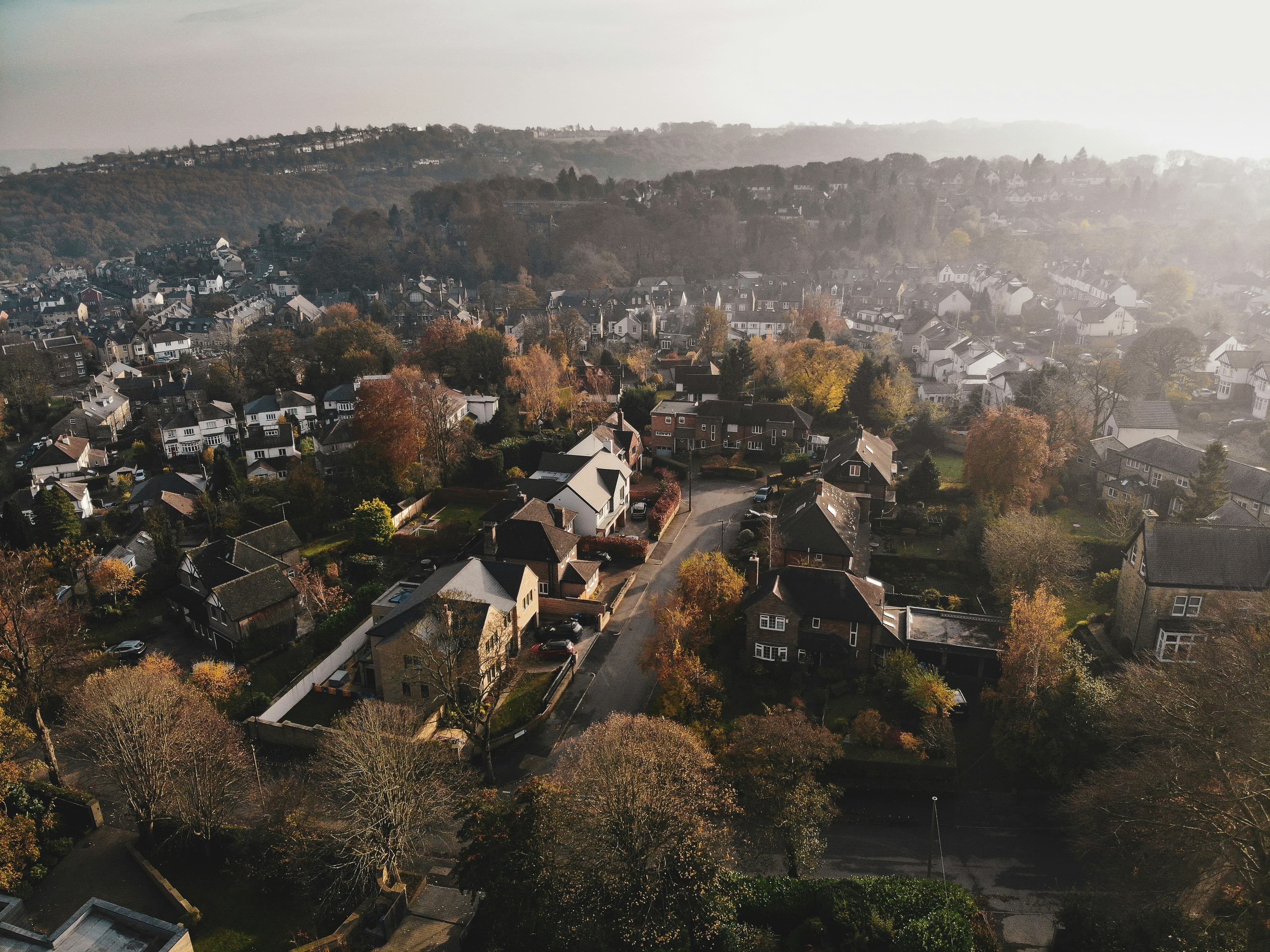 Aerial view of a residential area of houses and tree-lined streets