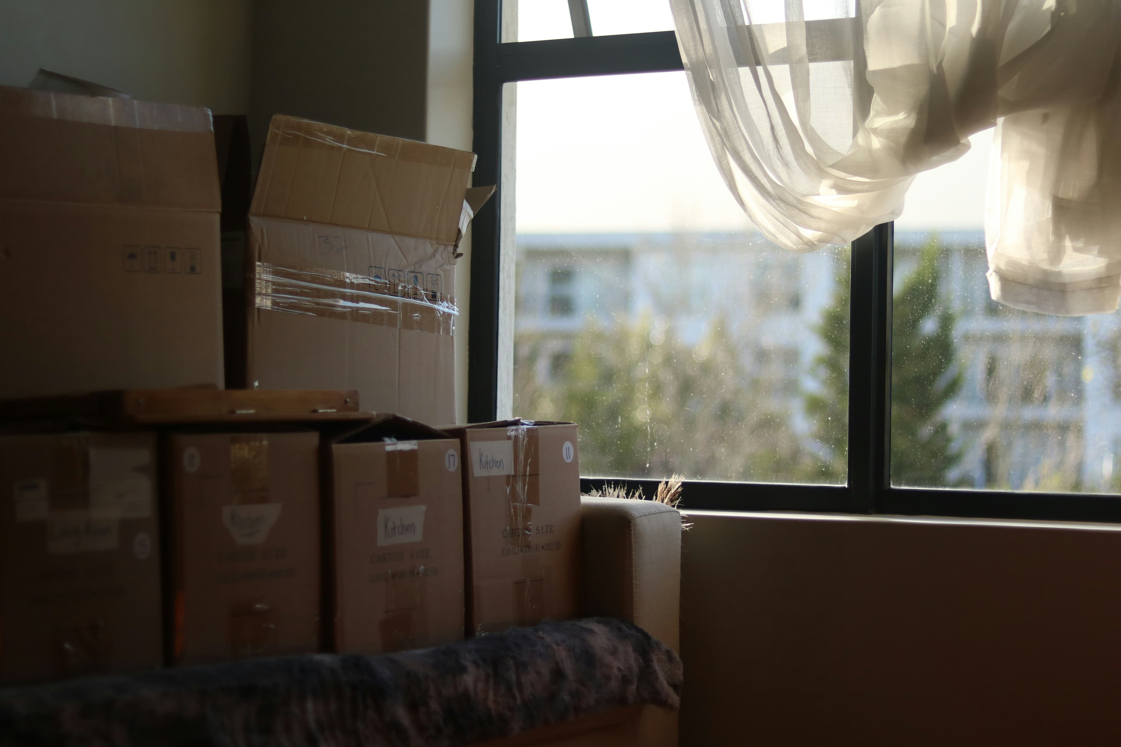 A room of packed cardboard moving boxes by a window, representing a house move put on hold.