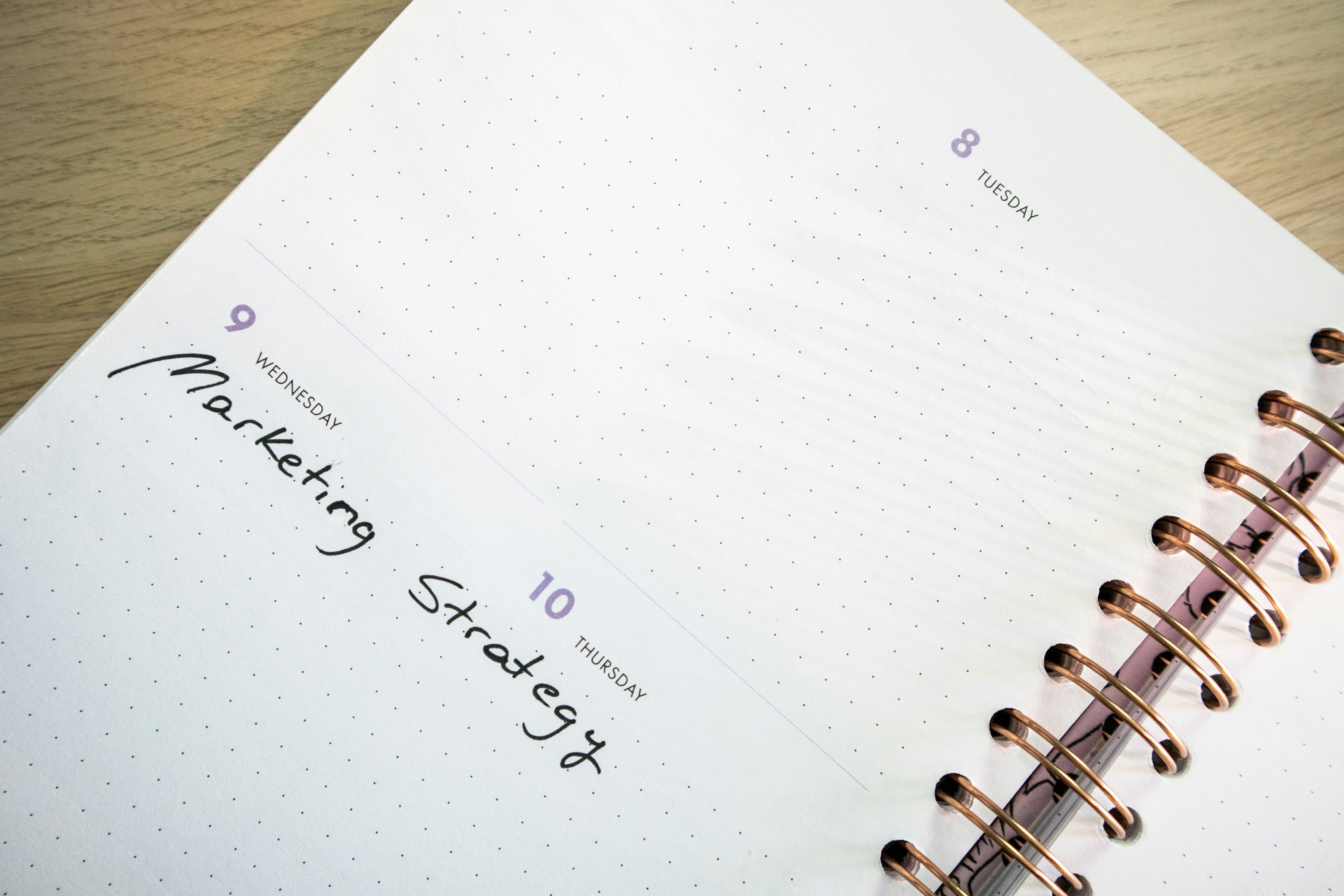 An open paper planner with a pen resting on it