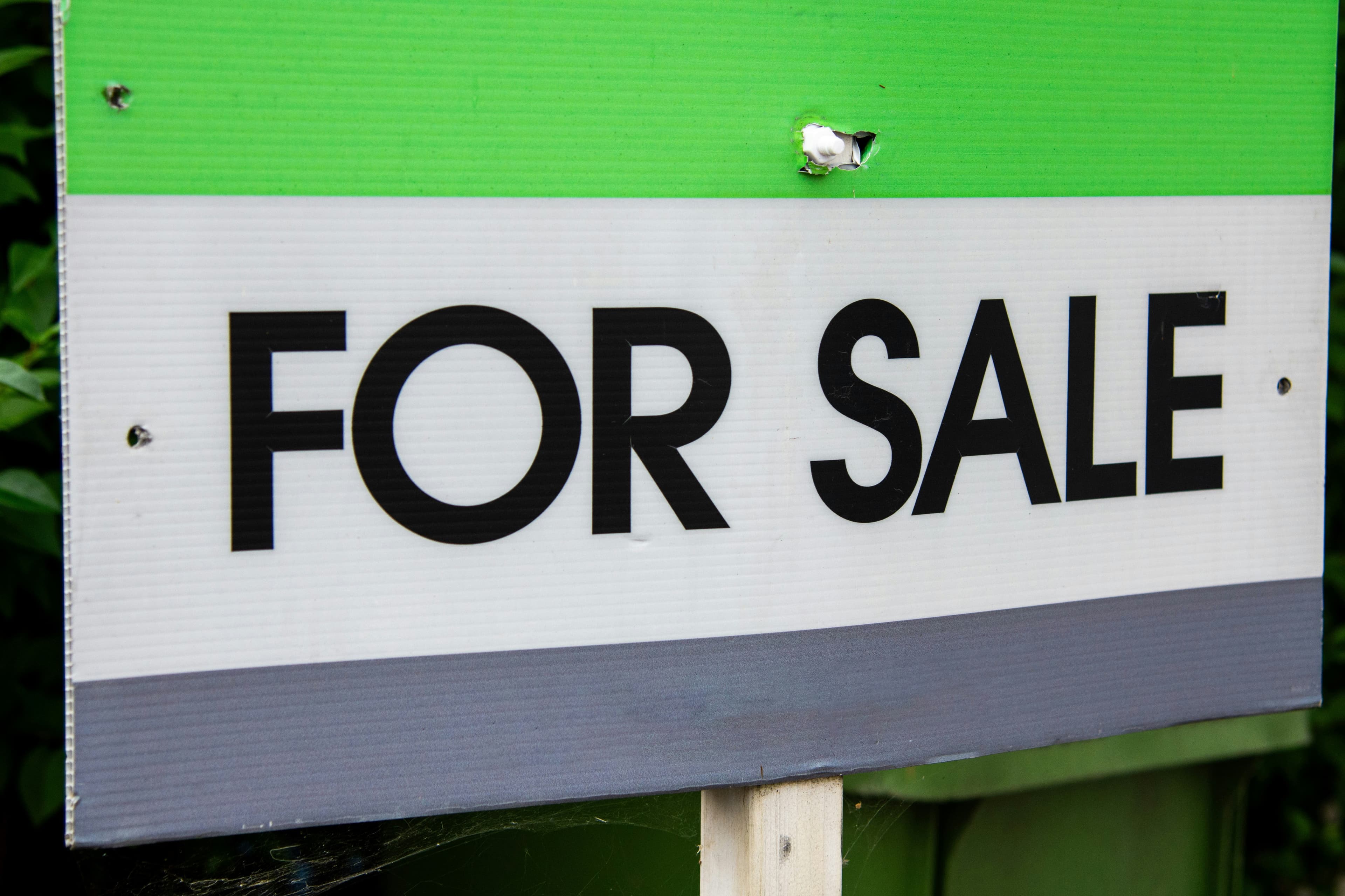 A green and white estate agent for sale sign outside a home with a bird perched on top, suggesting a listing that has gone quiet