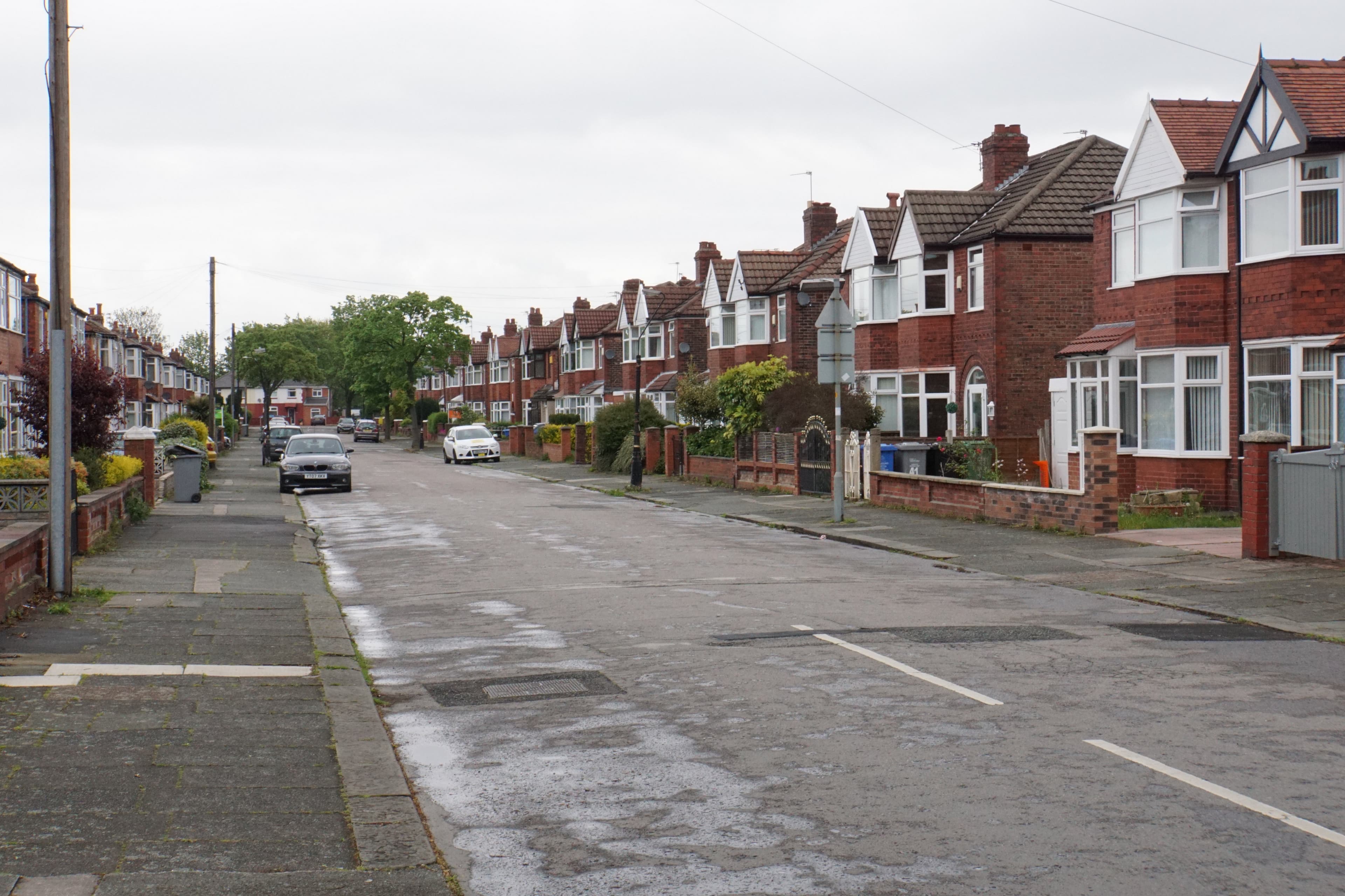 A row of suburban semi-detached houses along a residential road in England