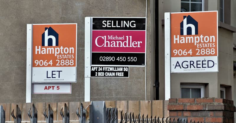 Several estate agents' for sale signs standing together outside a row of houses on a residential street