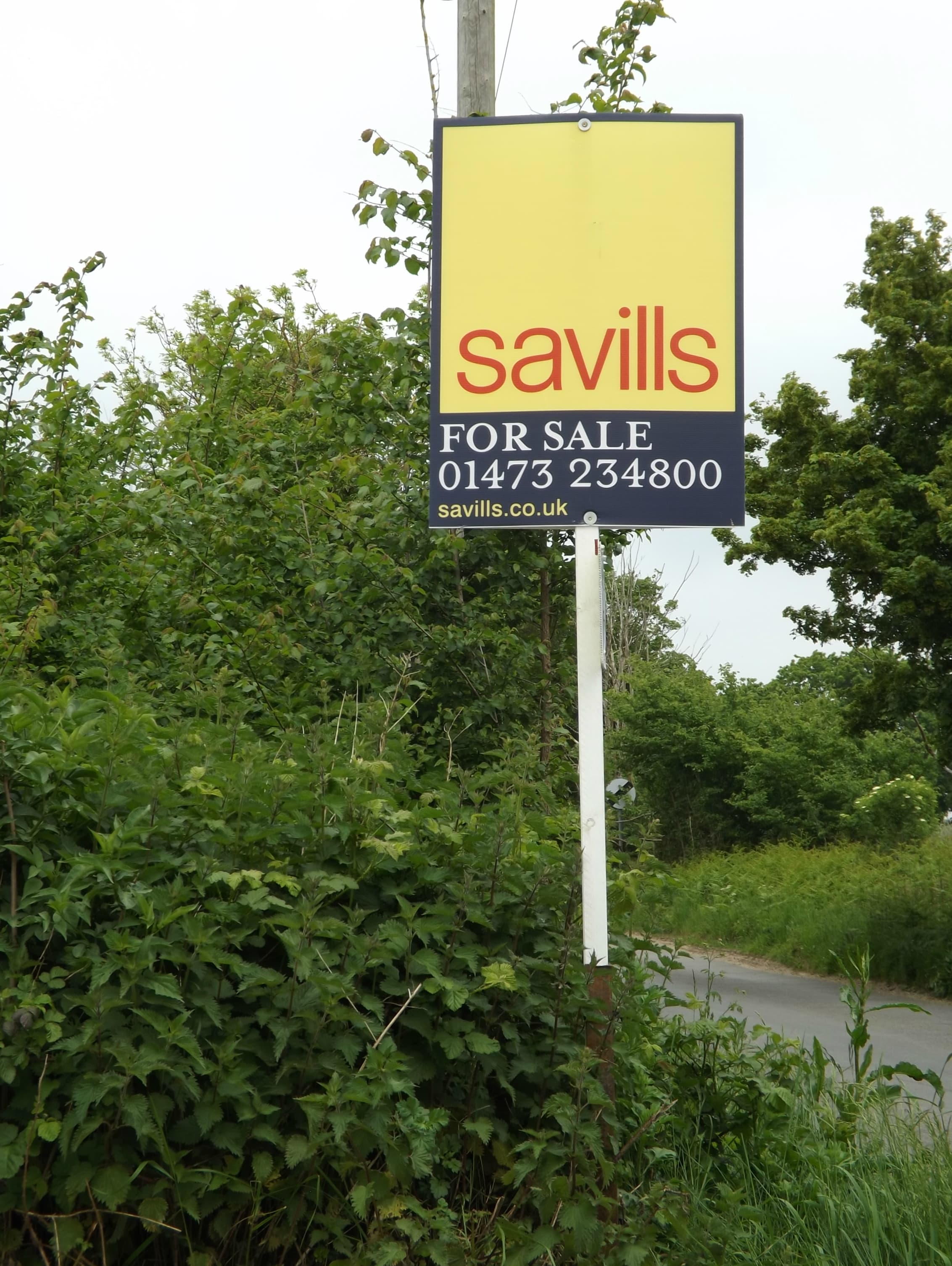 An estate agent for-sale board on a post beside a rural English roadside