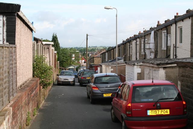 The backs of two facing rows of houses with their rear gardens and boundary fences between them