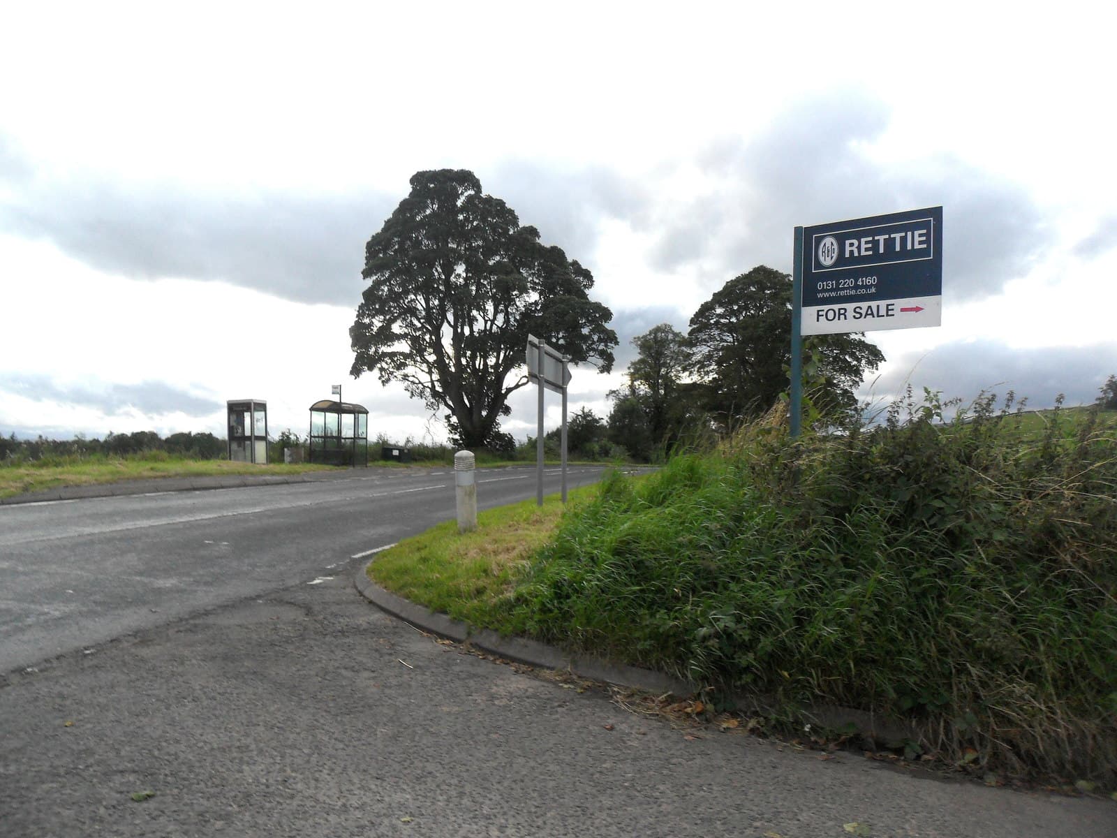 A single estate agent's For Sale board standing in long grass at a quiet rural road junction under heavy grey cloud